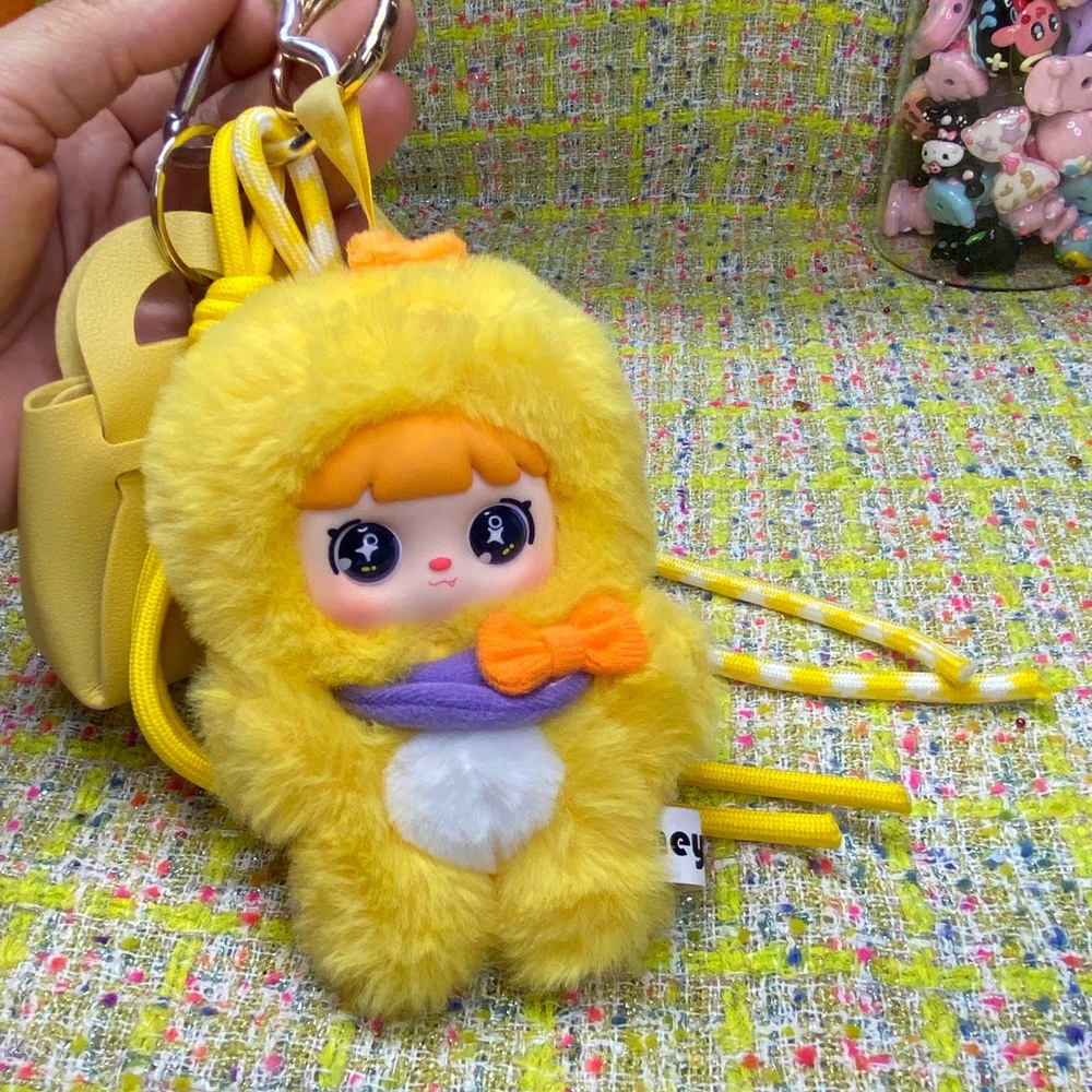 Yellow Fuzzy Doll Keychain Bag Charm with Orange Bow